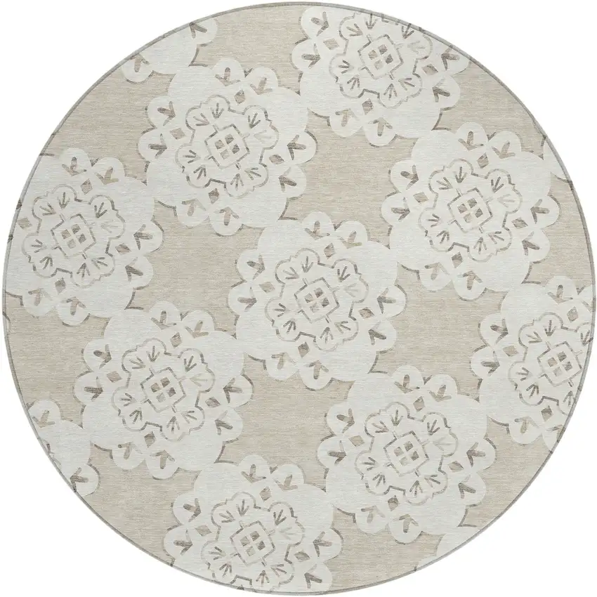 8' Beige And Ivory Round Quatrefoil Washable Indoor Outdoor Area Rug Photo 2