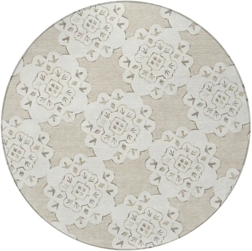 8' Beige And Ivory Round Quatrefoil Washable Indoor Outdoor Area Rug Photo 4
