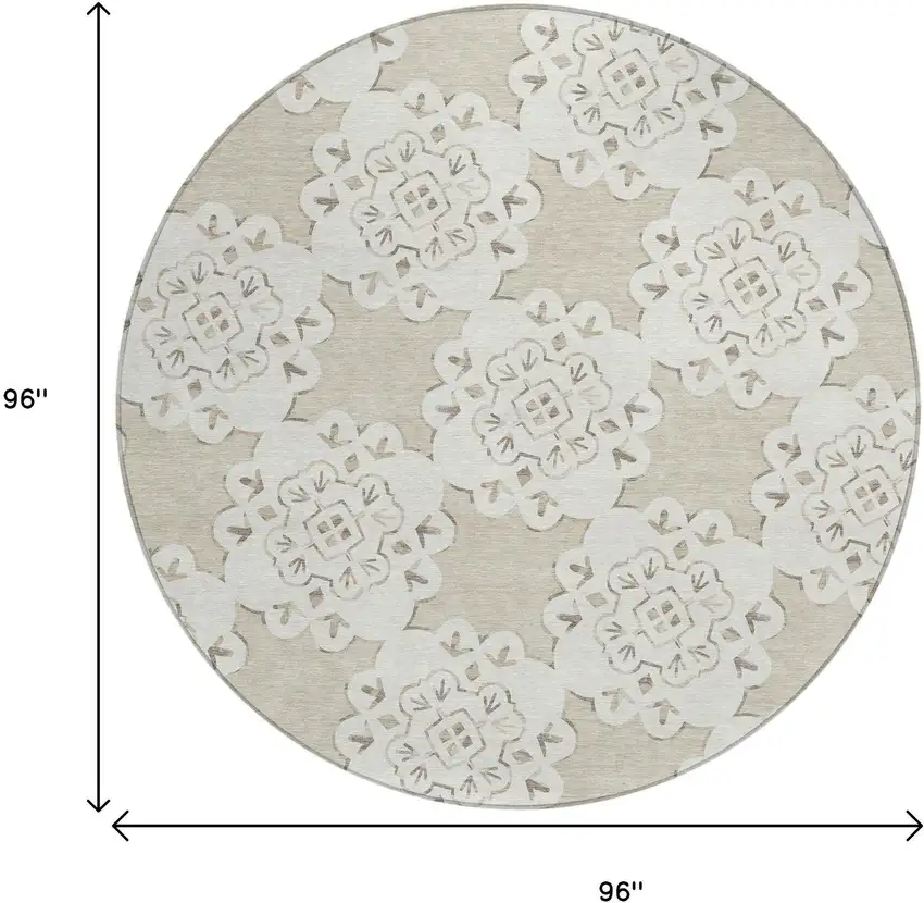 8' Beige And Ivory Round Quatrefoil Washable Indoor Outdoor Area Rug Photo 3