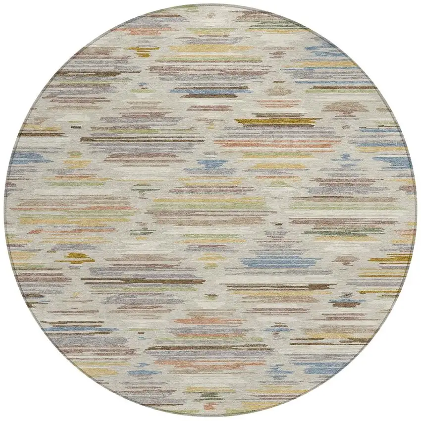 8' Beige And Ivory Round Southwestern Washable Indoor Outdoor Area Rug Photo 2