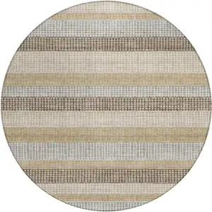 Photo of 8' Beige And Ivory Round Striped Washable Indoor Outdoor Area Rug