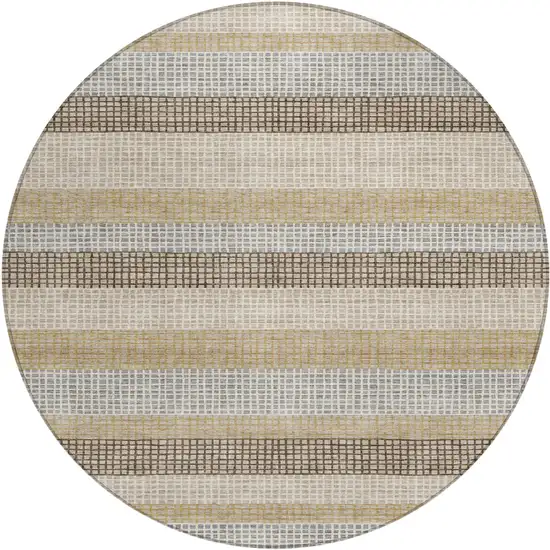 8' Beige And Ivory Round Striped Washable Indoor Outdoor Area Rug Photo 1