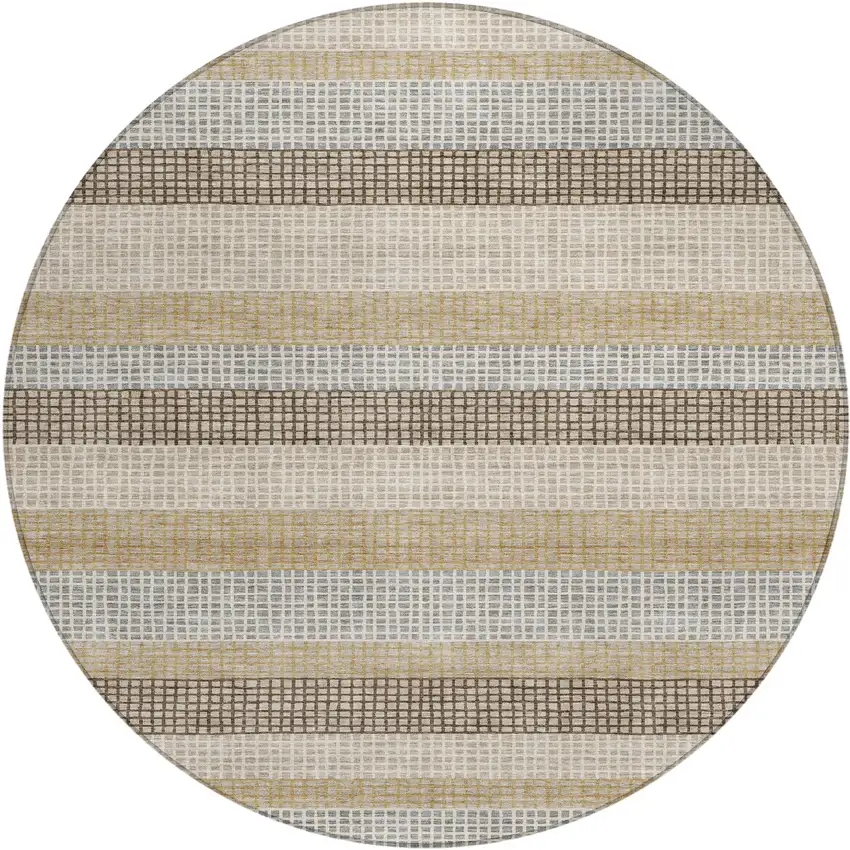 8' Beige And Ivory Round Striped Washable Indoor Outdoor Area Rug Photo 1