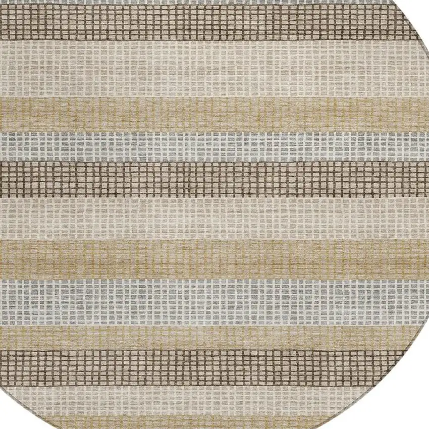 8' Beige And Ivory Round Striped Washable Indoor Outdoor Area Rug Photo 4