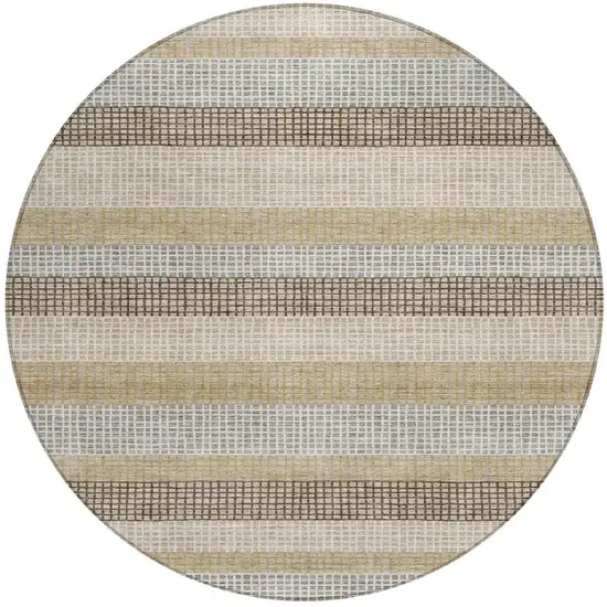 8' Beige And Ivory Round Striped Washable Indoor Outdoor Area Rug Photo 3