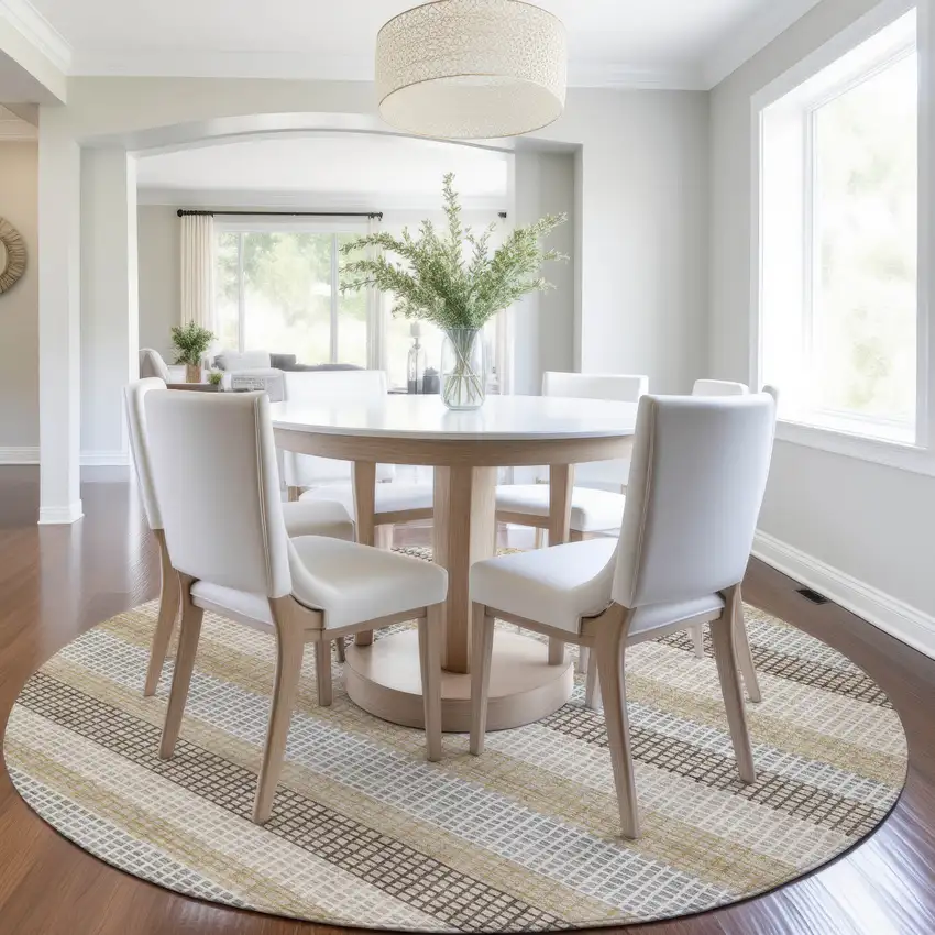 8' Beige And Ivory Round Striped Washable Indoor Outdoor Area Rug Photo 6