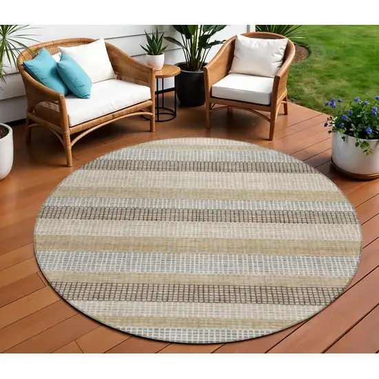 8' Beige And Ivory Round Striped Washable Indoor Outdoor Area Rug Photo 2