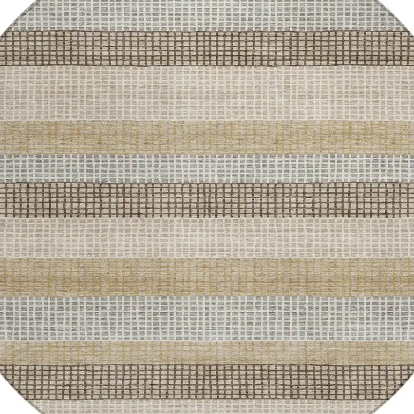 8' Beige And Ivory Round Striped Washable Indoor Outdoor Area Rug Photo 8