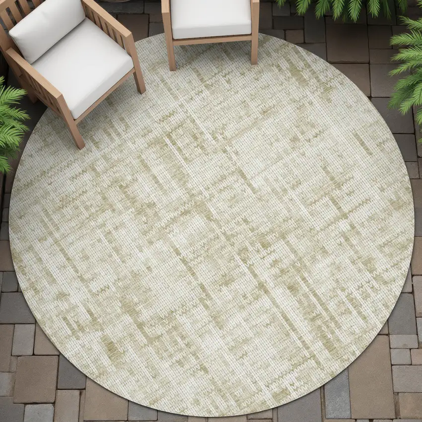 8' Beige And Ivory Round Striped Washable Indoor Outdoor Area Rug Photo 6