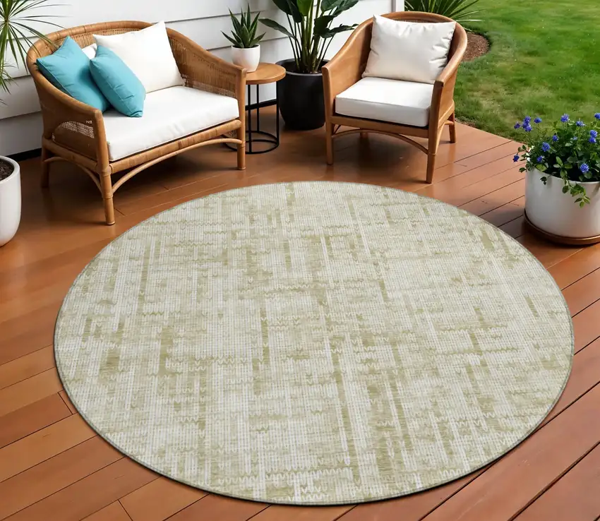 8' Beige And Ivory Round Striped Washable Indoor Outdoor Area Rug Photo 2