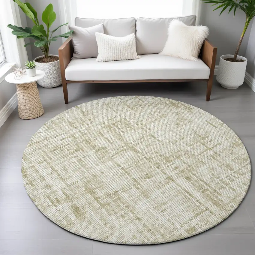 8' Beige And Ivory Round Striped Washable Indoor Outdoor Area Rug Photo 7