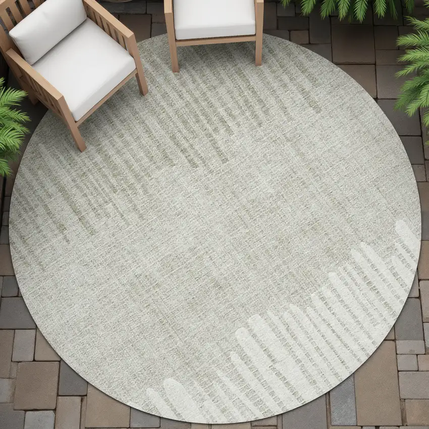 8' Beige And Ivory Round Striped Washable Indoor Outdoor Area Rug Photo 6
