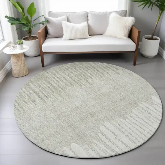 8' Beige And Ivory Round Striped Washable Indoor Outdoor Area Rug Photo 7