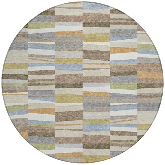8' Beige And Ivory Round Striped Washable Indoor Outdoor Area Rug Photo 3
