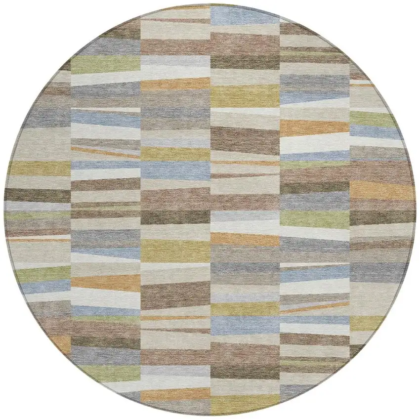 8' Beige And Ivory Round Striped Washable Indoor Outdoor Area Rug Photo 3