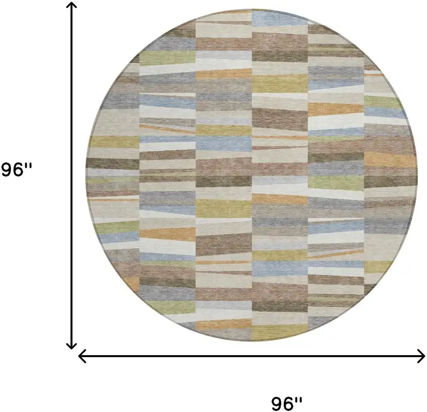 8' Beige And Ivory Round Striped Washable Indoor Outdoor Area Rug Photo 6