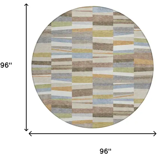 8' Beige And Ivory Round Striped Washable Indoor Outdoor Area Rug Photo 6