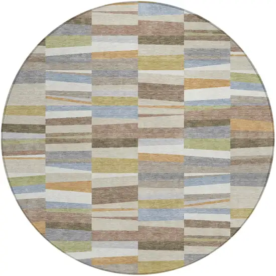 8' Beige And Ivory Round Striped Washable Indoor Outdoor Area Rug Photo 1