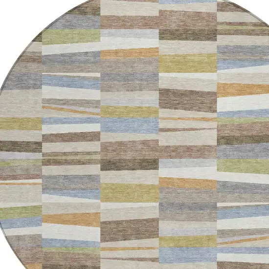 8' Beige And Ivory Round Striped Washable Indoor Outdoor Area Rug Photo 2