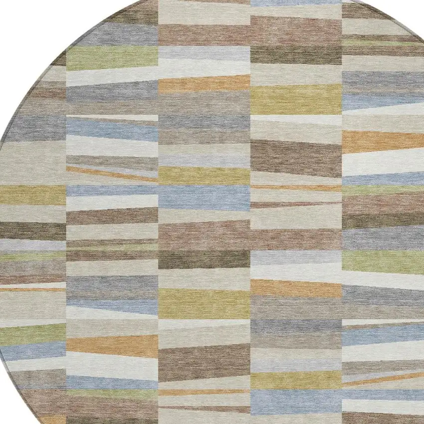 8' Beige And Ivory Round Striped Washable Indoor Outdoor Area Rug Photo 2