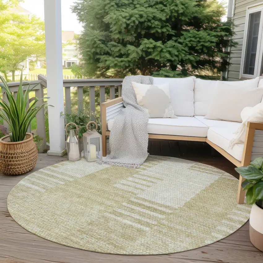 8' Beige And Ivory Round Striped Washable Indoor Outdoor Area Rug Photo 6