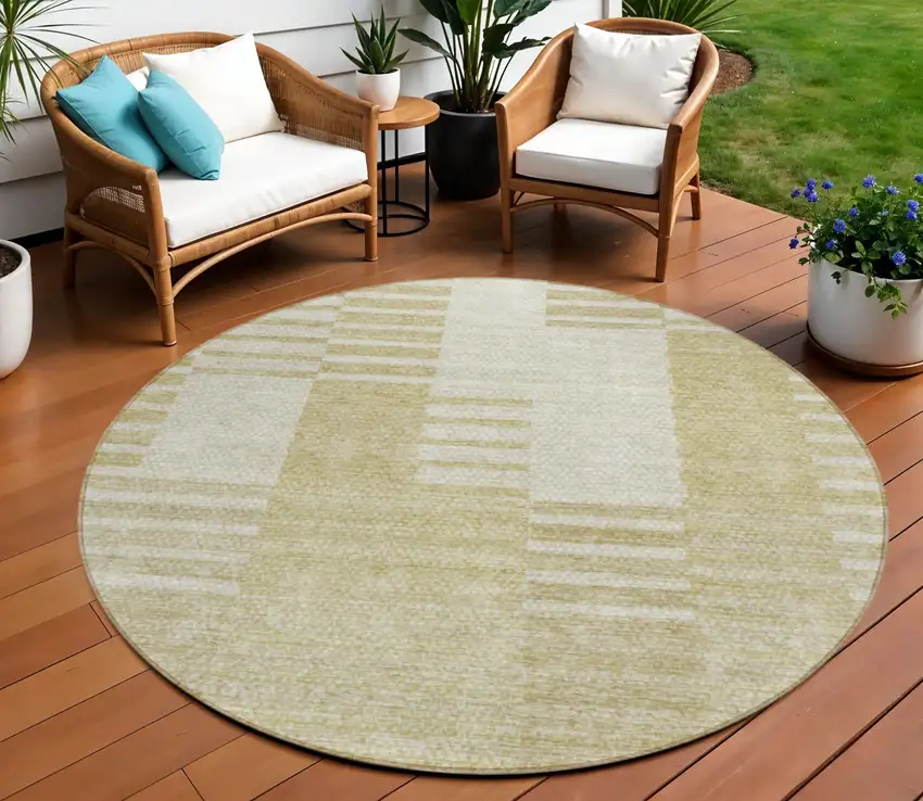8' Beige And Ivory Round Striped Washable Indoor Outdoor Area Rug Photo 1