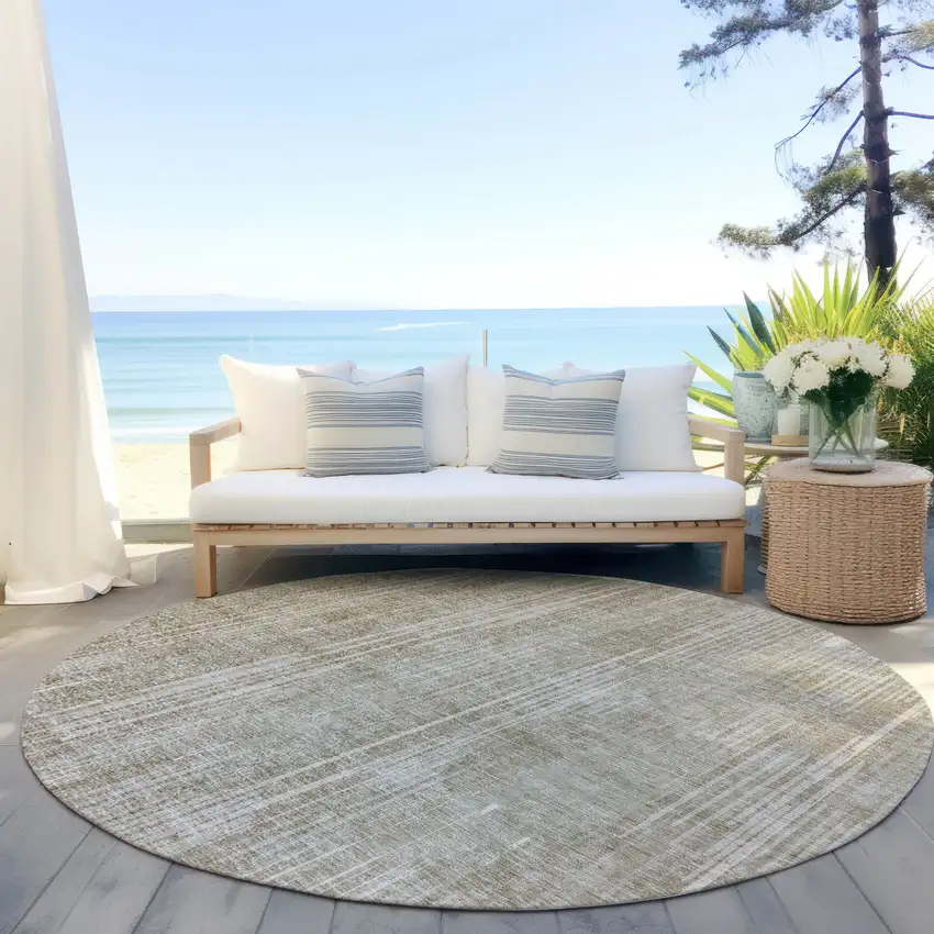 8' Beige And Ivory Round Striped Washable Indoor Outdoor Area Rug Photo 6