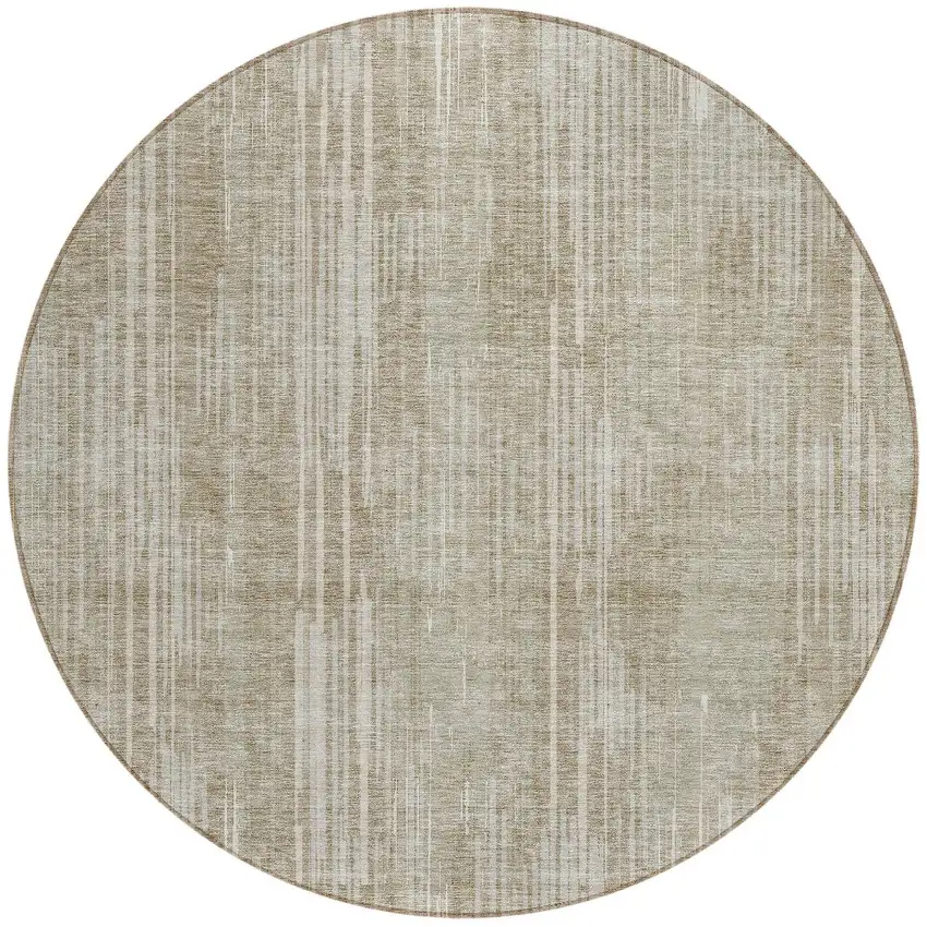 8' Beige And Ivory Round Striped Washable Indoor Outdoor Area Rug Photo 4