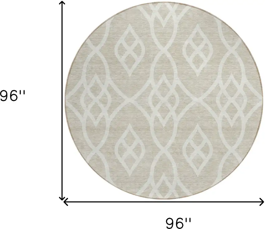 8' Beige And Ivory Round Trellis Washable Indoor Outdoor Area Rug Photo 3