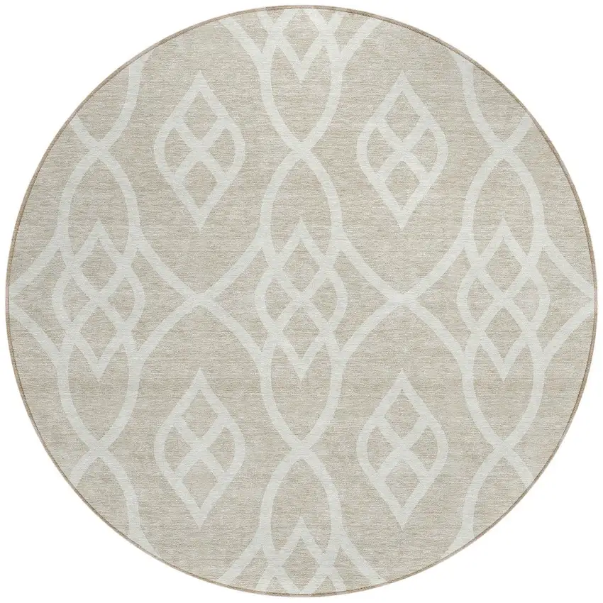 8' Beige And Ivory Round Trellis Washable Indoor Outdoor Area Rug Photo 4