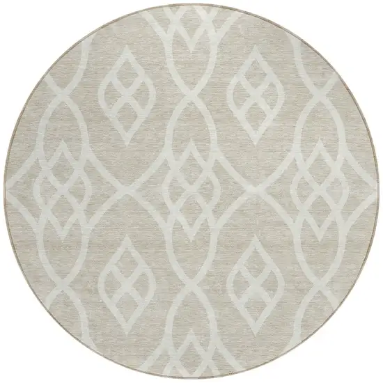 8' Beige And Ivory Round Trellis Washable Indoor Outdoor Area Rug Photo 4