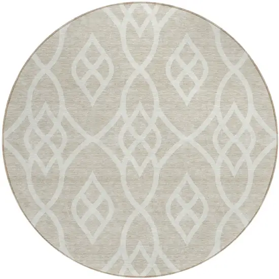 8' Beige And Ivory Round Trellis Washable Indoor Outdoor Area Rug Photo 2