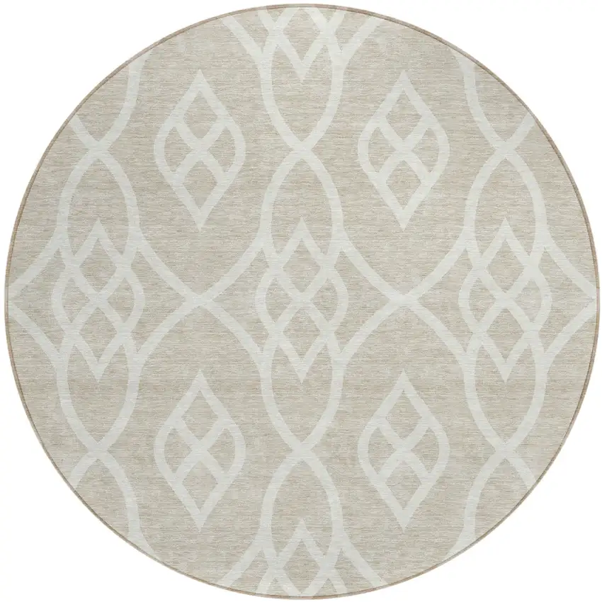 8' Beige And Ivory Round Trellis Washable Indoor Outdoor Area Rug Photo 2