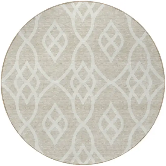8' Beige And Ivory Round Trellis Washable Indoor Outdoor Area Rug Photo 5