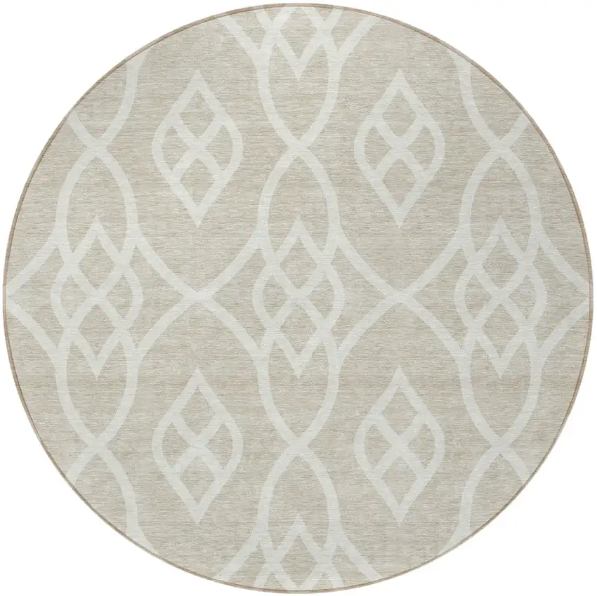 8' Beige And Ivory Round Trellis Washable Indoor Outdoor Area Rug Photo 5