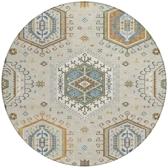 8' Beige And Ivory Round Tribal Washable Indoor Outdoor Area Rug Photo 3