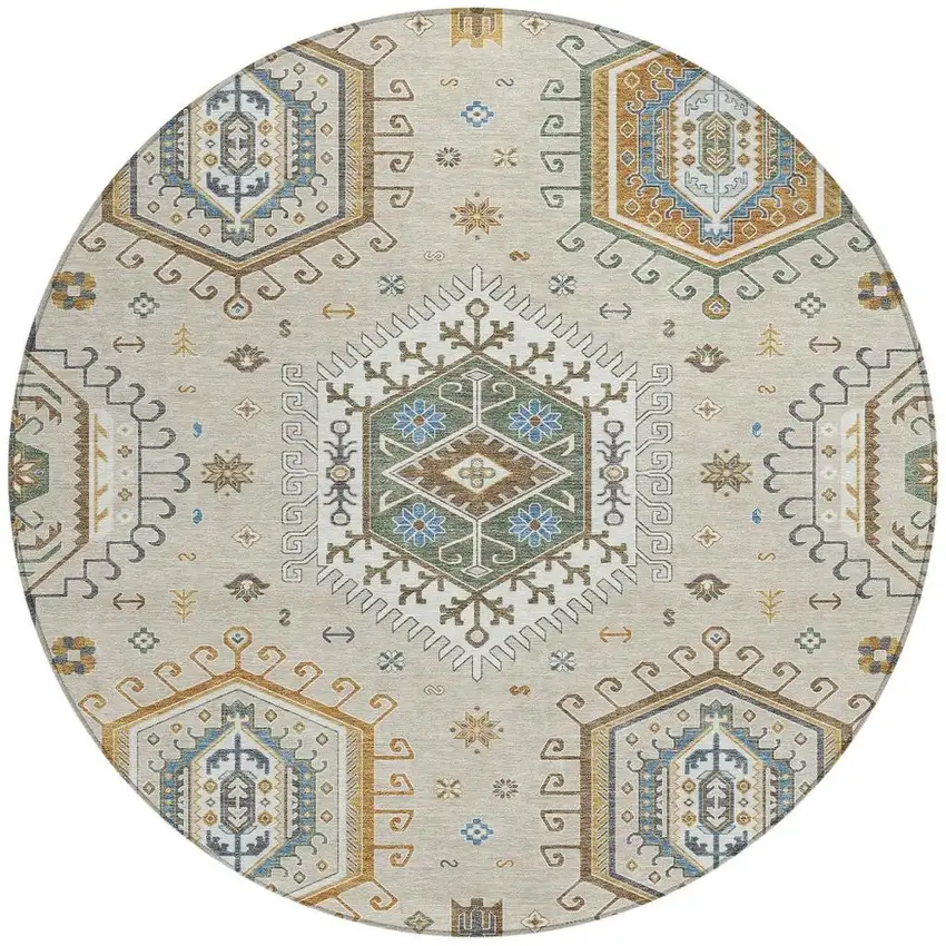 8' Beige And Ivory Round Tribal Washable Indoor Outdoor Area Rug Photo 3