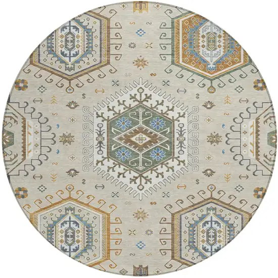 8' Beige And Ivory Round Tribal Washable Indoor Outdoor Area Rug Photo 1