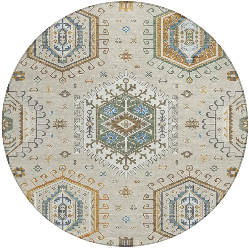 8' Beige And Ivory Round Tribal Washable Indoor Outdoor Area Rug Photo 1