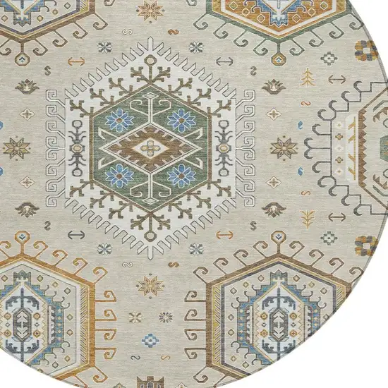 8' Beige And Ivory Round Tribal Washable Indoor Outdoor Area Rug Photo 2