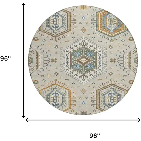 8' Beige And Ivory Round Tribal Washable Indoor Outdoor Area Rug Photo 5