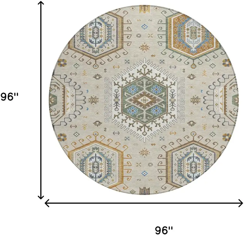 8' Beige And Ivory Round Tribal Washable Indoor Outdoor Area Rug Photo 5