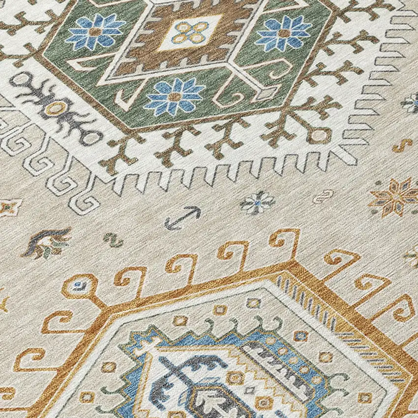 8' Beige And Ivory Round Tribal Washable Indoor Outdoor Area Rug Photo 4