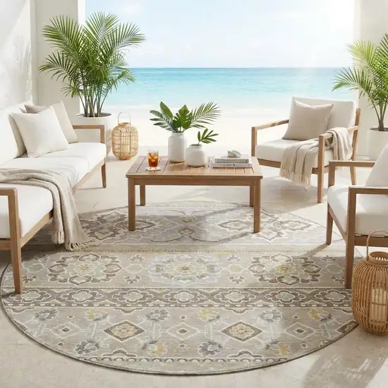 8' Beige And Ivory Round Tribal Washable Indoor Outdoor Area Rug Photo 1