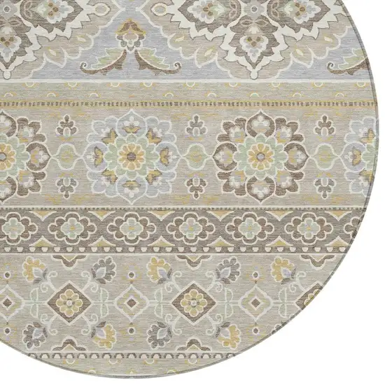 8' Beige And Ivory Round Tribal Washable Indoor Outdoor Area Rug Photo 5