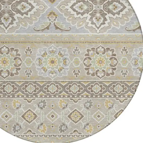 8' Beige And Ivory Round Tribal Washable Indoor Outdoor Area Rug Photo 4