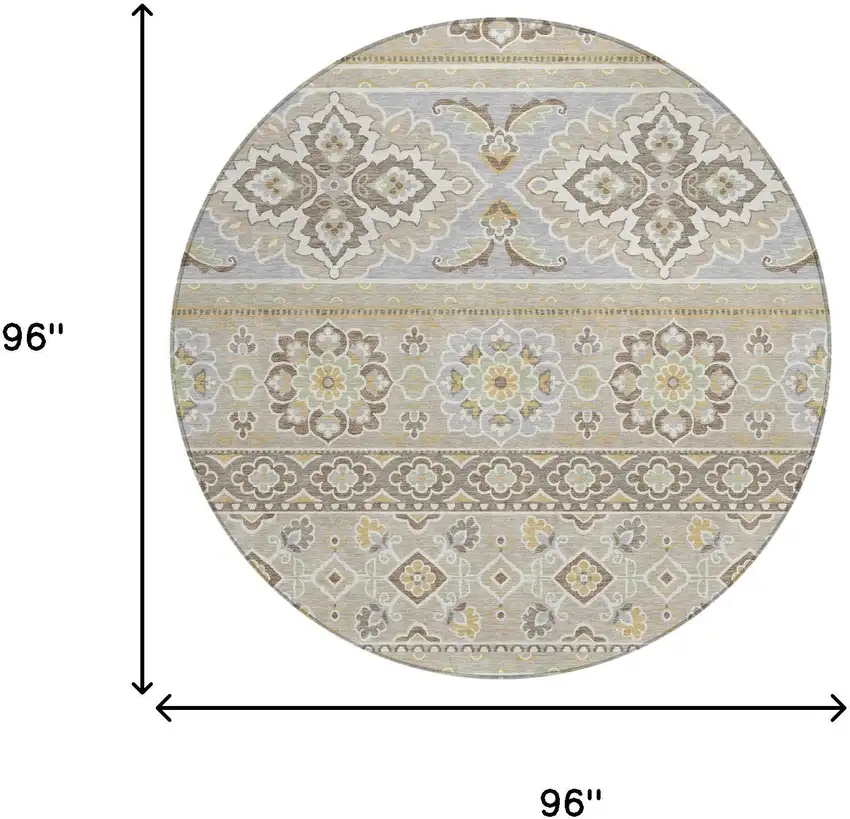 8' Beige And Ivory Round Tribal Washable Indoor Outdoor Area Rug Photo 8