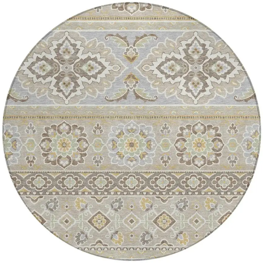 8' Beige And Ivory Round Tribal Washable Indoor Outdoor Area Rug Photo 3