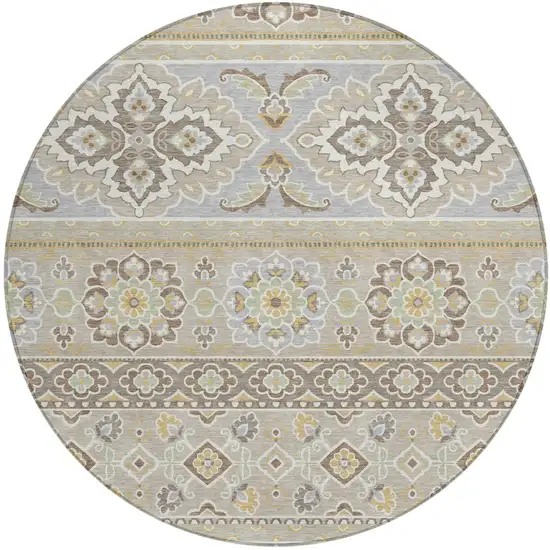 8' Beige And Ivory Round Tribal Washable Indoor Outdoor Area Rug Photo 2