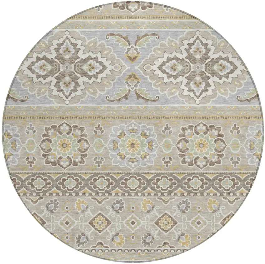 8' Beige And Ivory Round Tribal Washable Indoor Outdoor Area Rug Photo 2